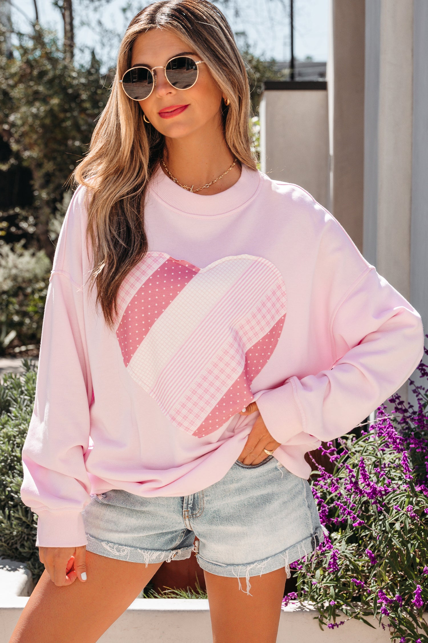 Light pink Dear-Lover Sweatshirt with sweetheart patchwork, oversized fit, casual women’s top, perfect for comfortable fashion.