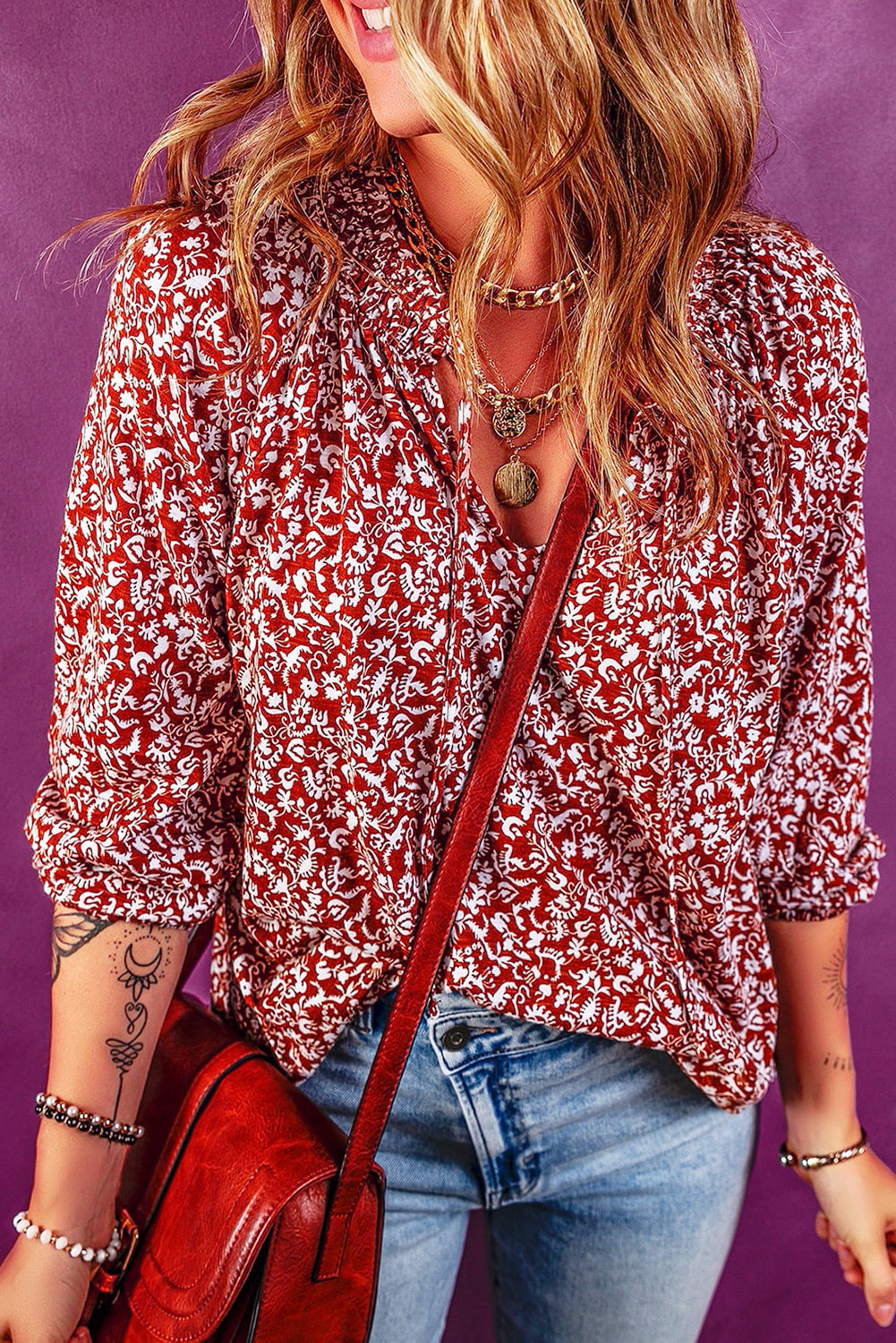 Cali Chic Biking Red Floral Print Smocked Tie Neck Blouse
