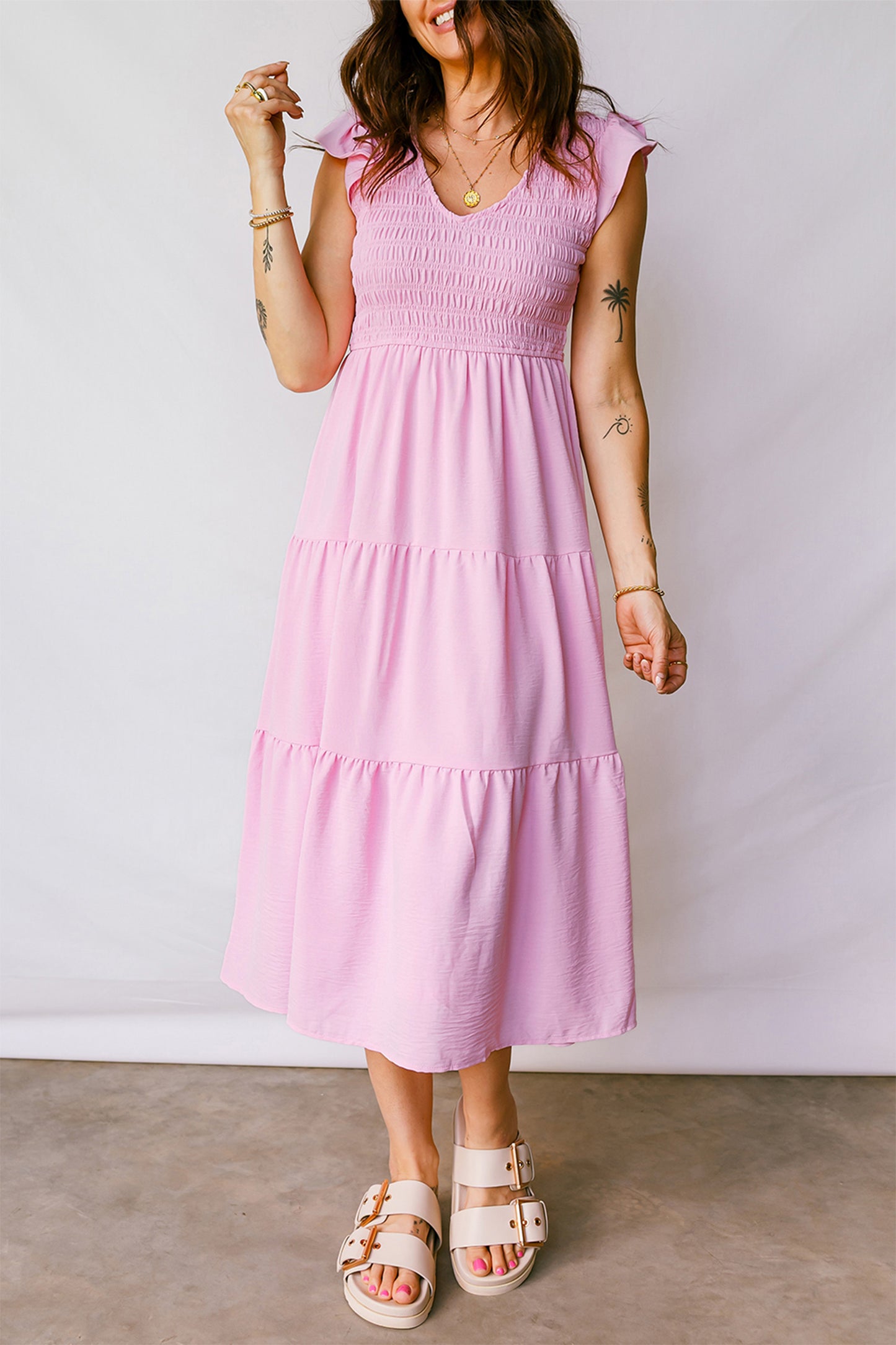 Cali Chic Women Dress Pink Smocked Bodice Flutter Sleeve Fit Flare Tiered Midi Dress - Cali Chic