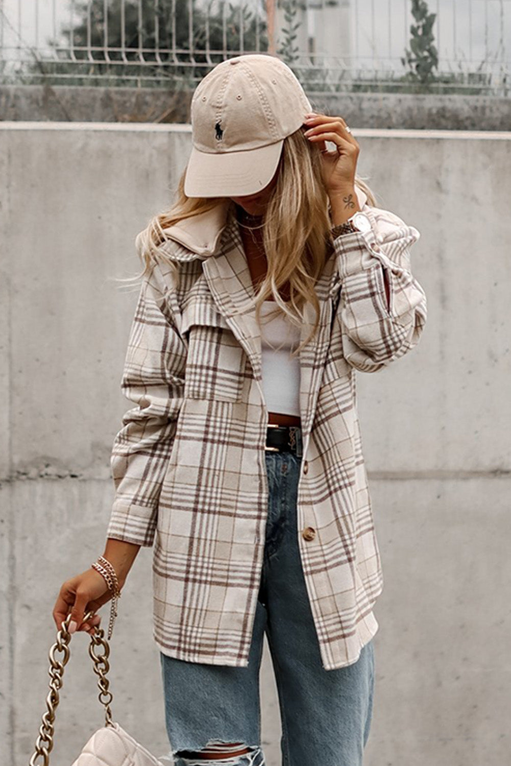 Khaki Plaid Removable Hood Buttoned Shacket