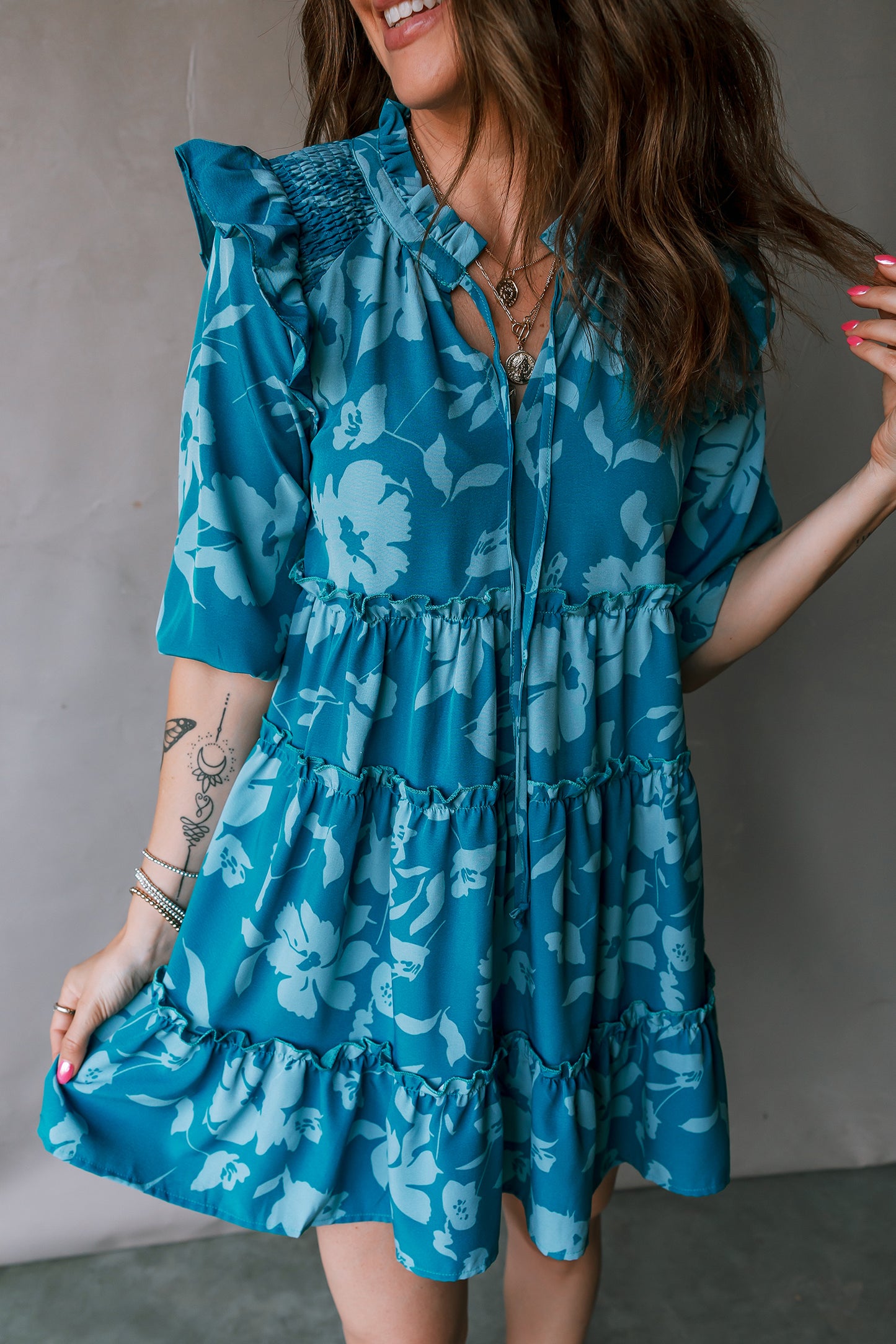 Cali Chic Women Dress Blue Flower Half Sleeve Tiered Ruffled Mini Dress - Cali Chic