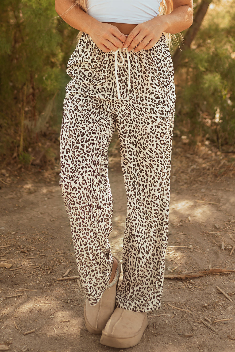 Cali Chic Women's Pants Brown Leopard Drawstring Elastic Waistband Loose Pants