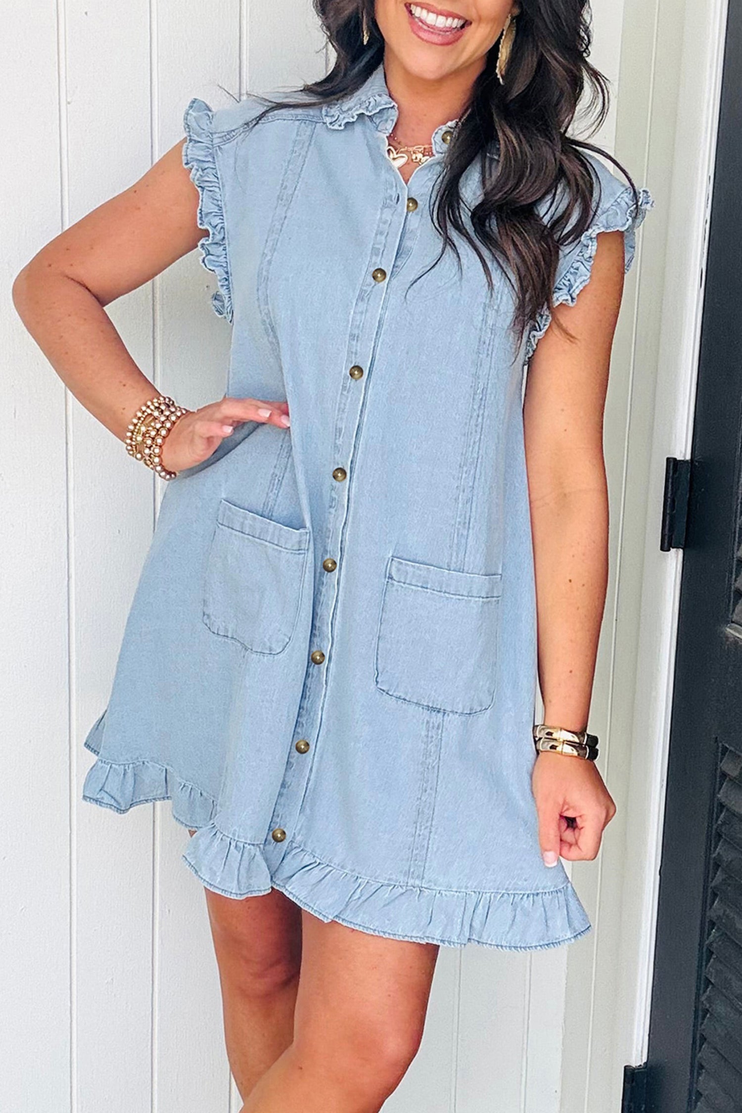 Cali Chic Women Dress Beau Blue Ruffled Edge Collared Shift Denim Dress with Pockets - Cali Chic
