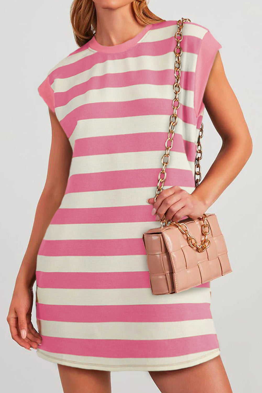Cali Chic Women Dress Pink Stripe Cap Sleeve Shift T Shirt Dress - Cali Chic