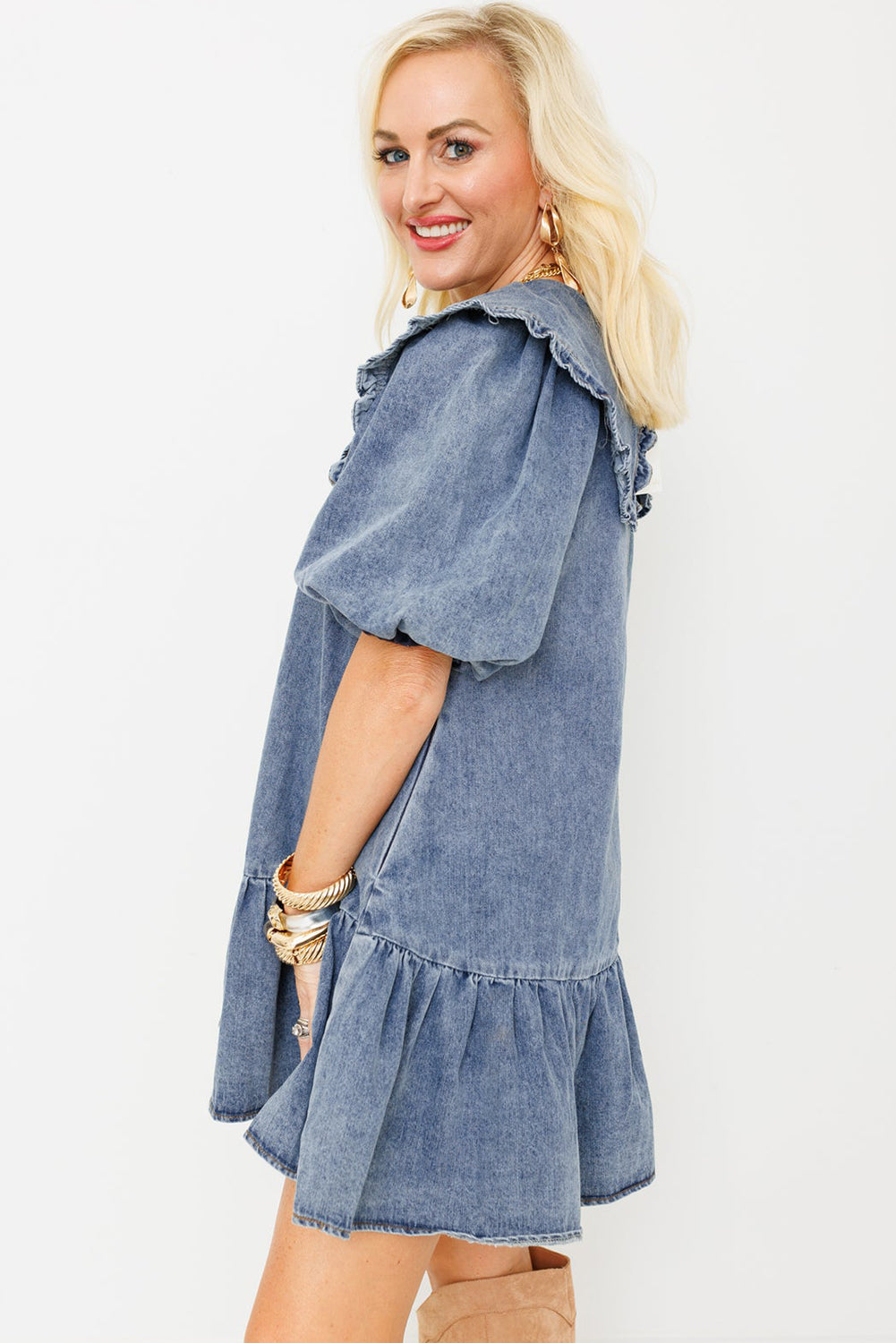 Cali Chic Women Dress Dusk Blue Ruffled Collared Side Pockets Puff Sleeve Denim Mini Dress - Cali Chic