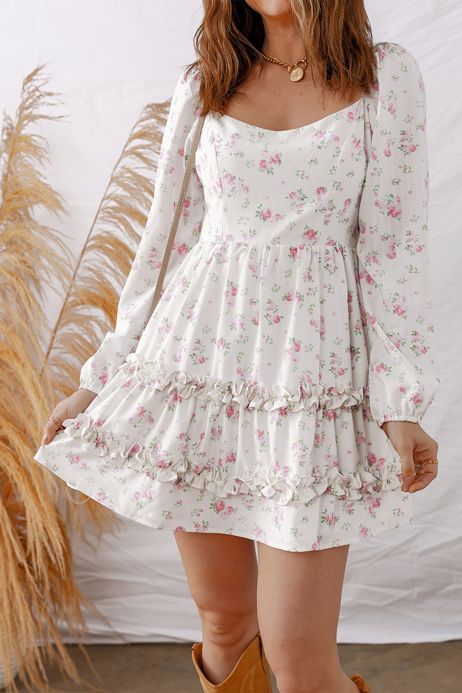 Cali Chic Women Dress Pink Floral Print Long Sleeve Ruffle Detail Flared Mini Dress - Cali Chic