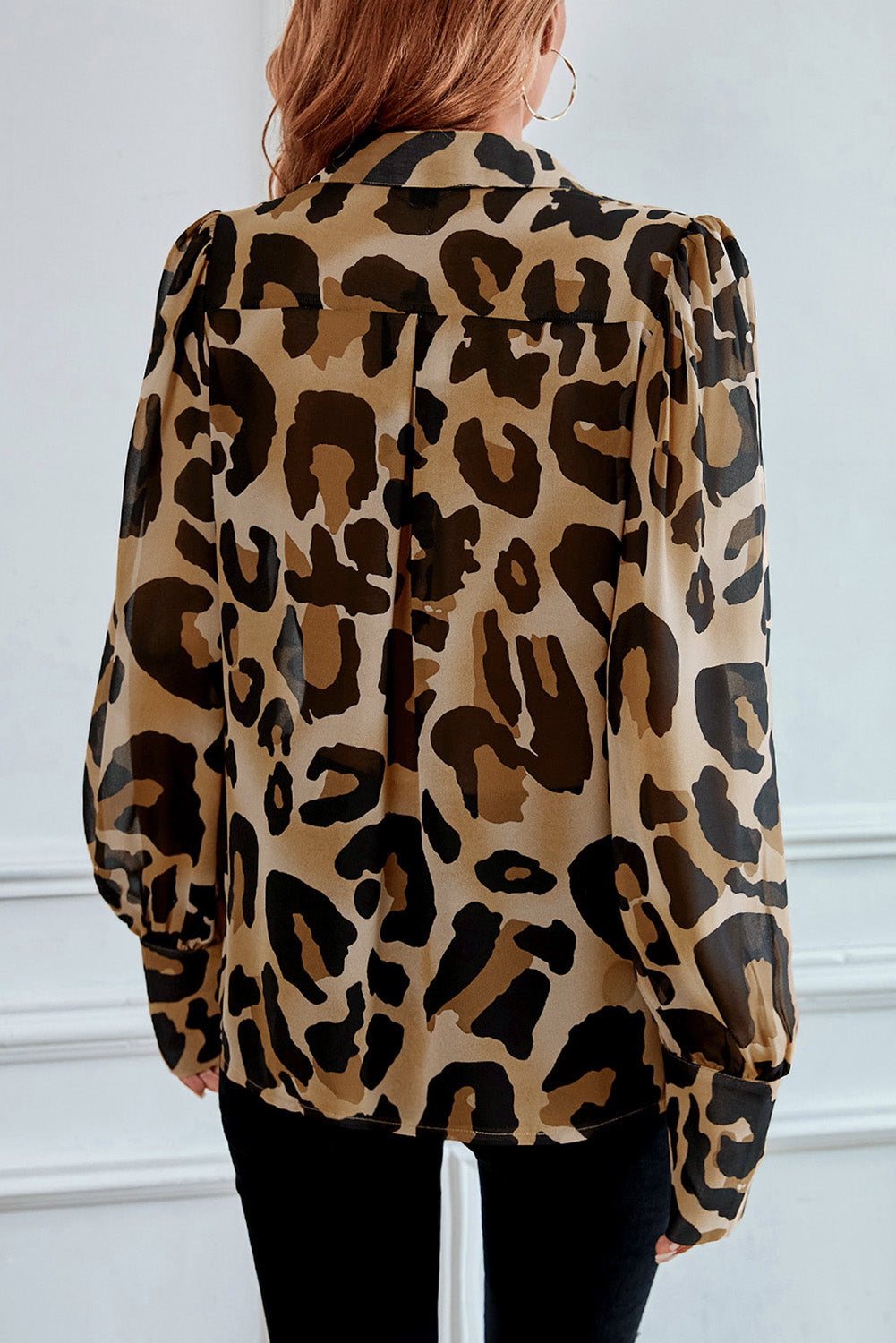Leopard Bishop Sleeve Button up Turn Down Collar Shirt