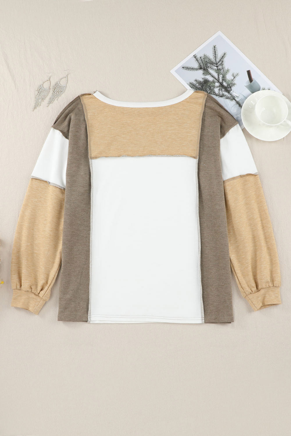 Cali Chic Khaki Exposed Seam Color Block Patchwork Top