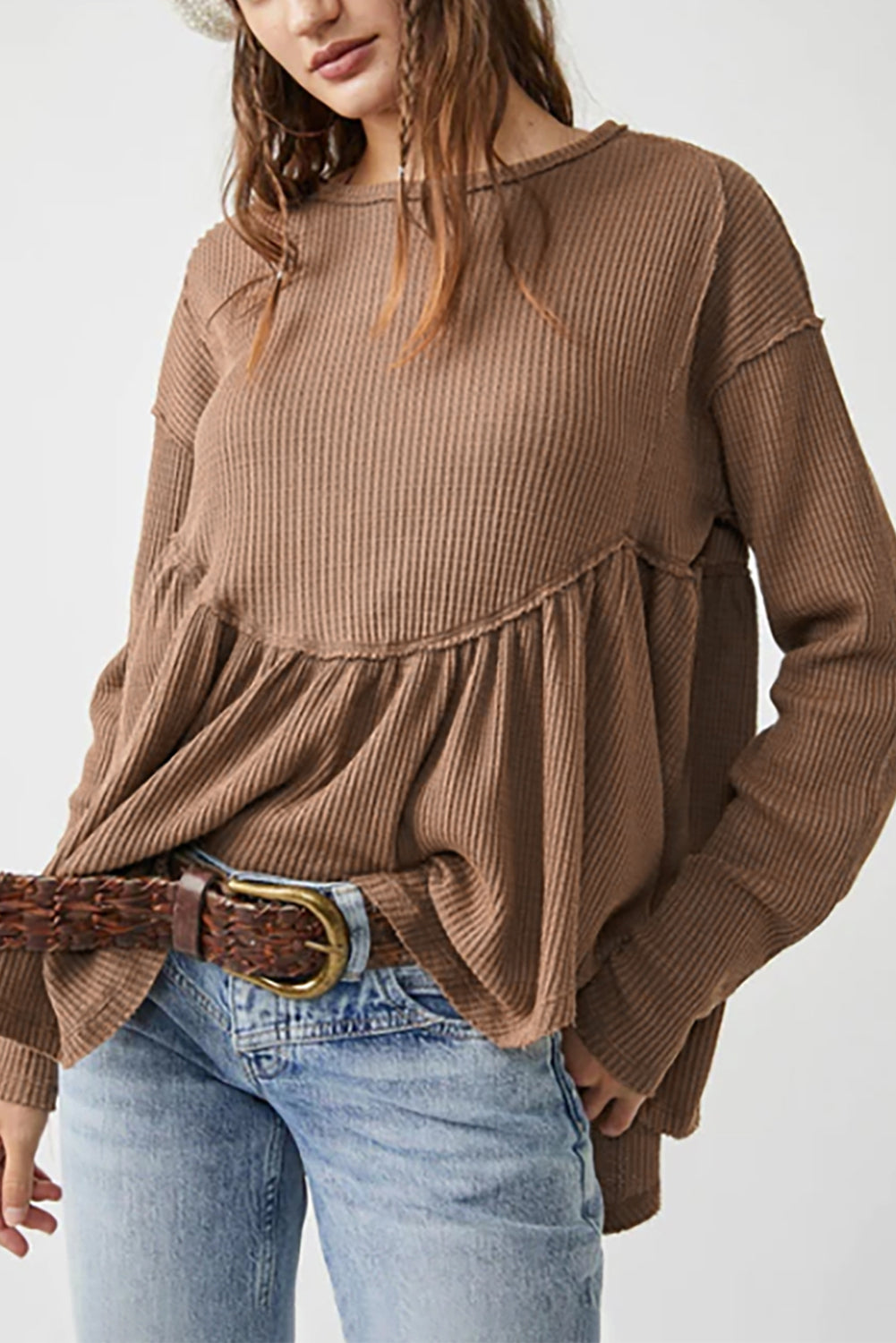Cali Chic Brown Solid Color Ribbed Long Sleeve Peplum Blouse