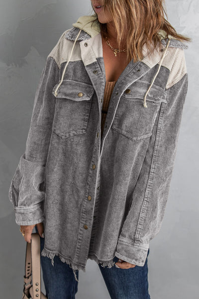 Gray Color Block Button Down Hooded Corduroy Jacket
