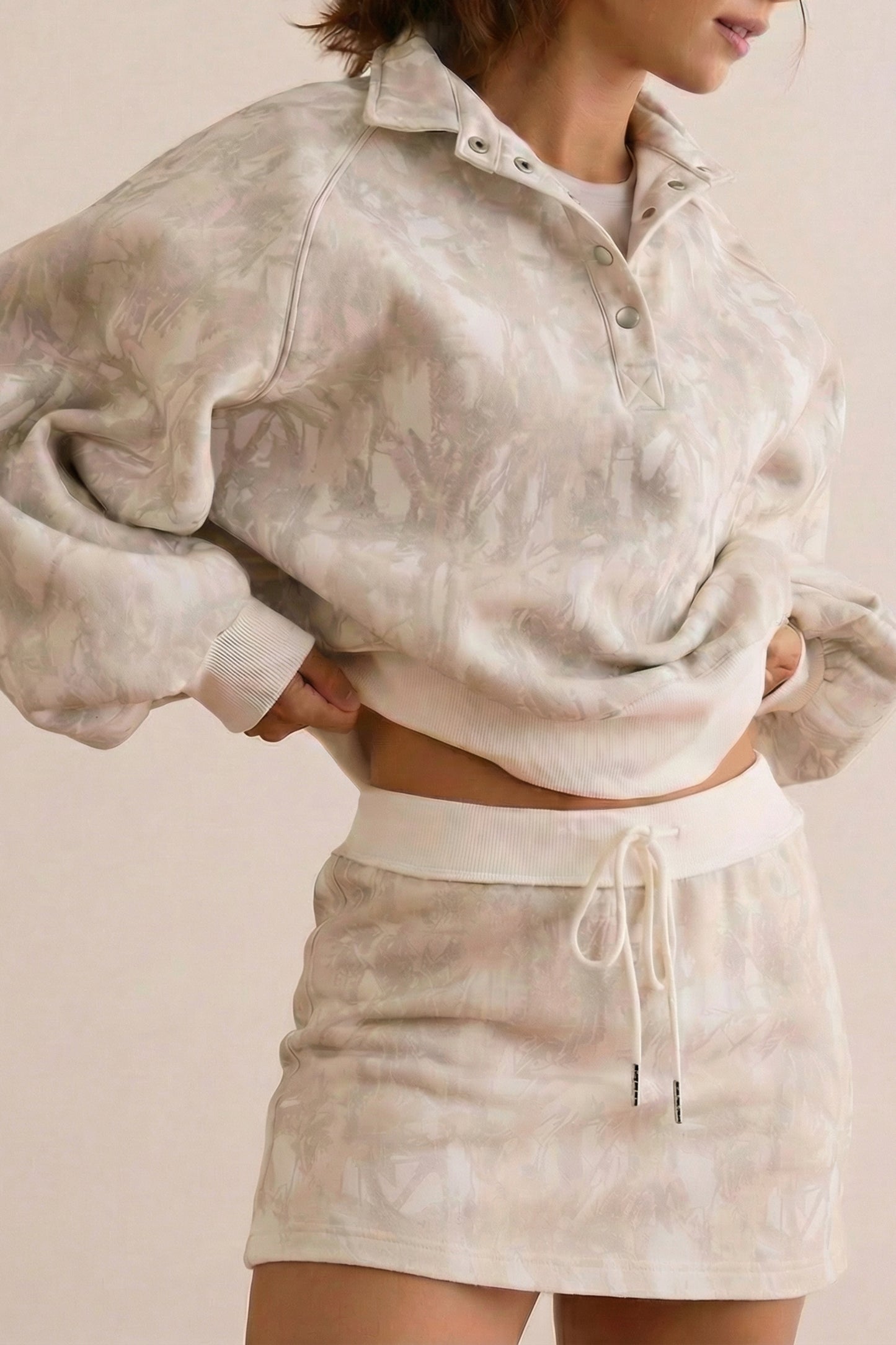 Cali Chic Women Mini Skort White Abstract Woodland Print Balloon Sleeve Pullover Drawstring Mini Skort Set - Cali Chic