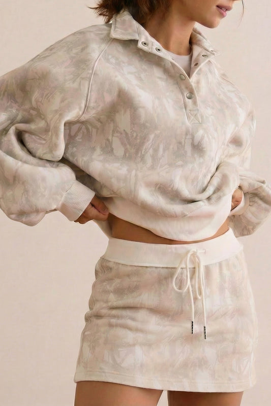 Cali Chic Women Mini Skort White Abstract Woodland Print Balloon Sleeve Pullover Drawstring Mini Skort Set - Cali Chic