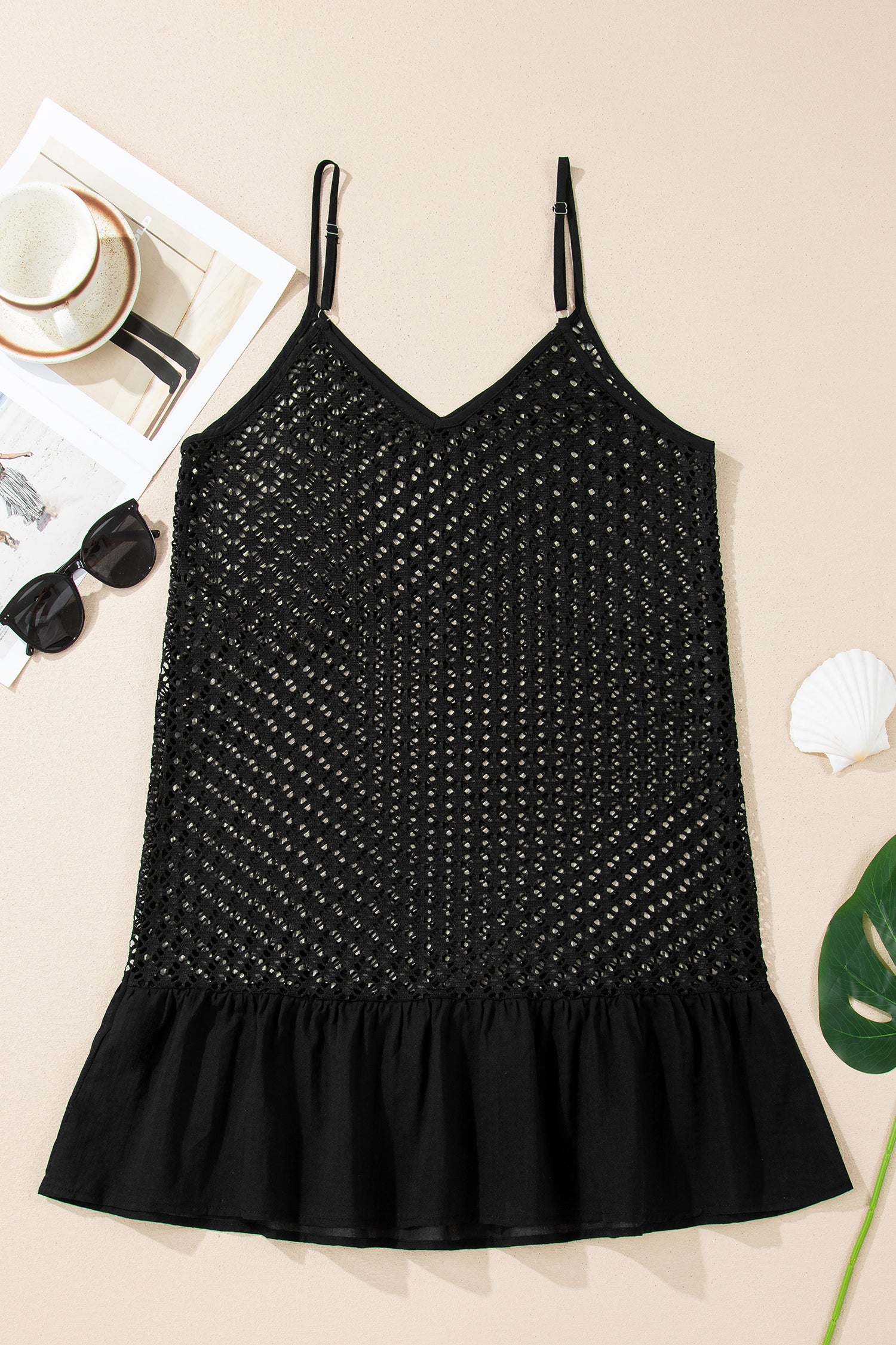 Cali Chic Women Swimsuit Black See Through Patterned Knit Ruffle Hem Patchwork Beach Cover Up - Cali Chic