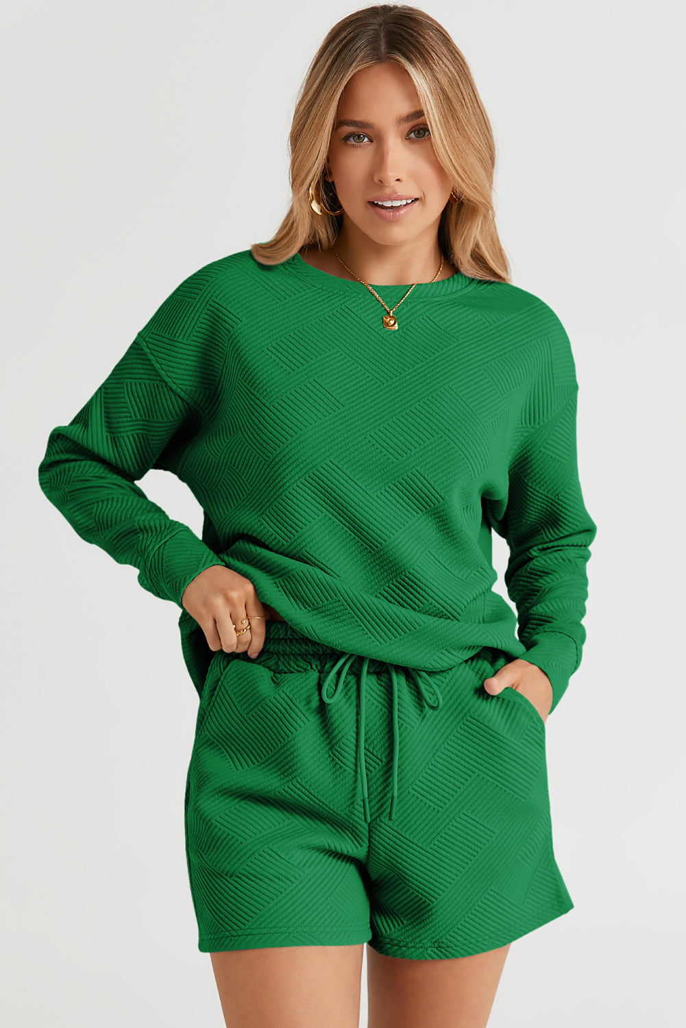 Green Textured Long Sleeve Top and Drawstring Shorts Set