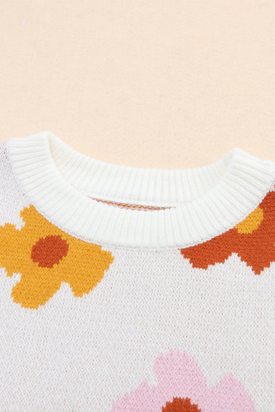 Cali Chic White Sweet Flower Knitted Ribbed Hem Sweater