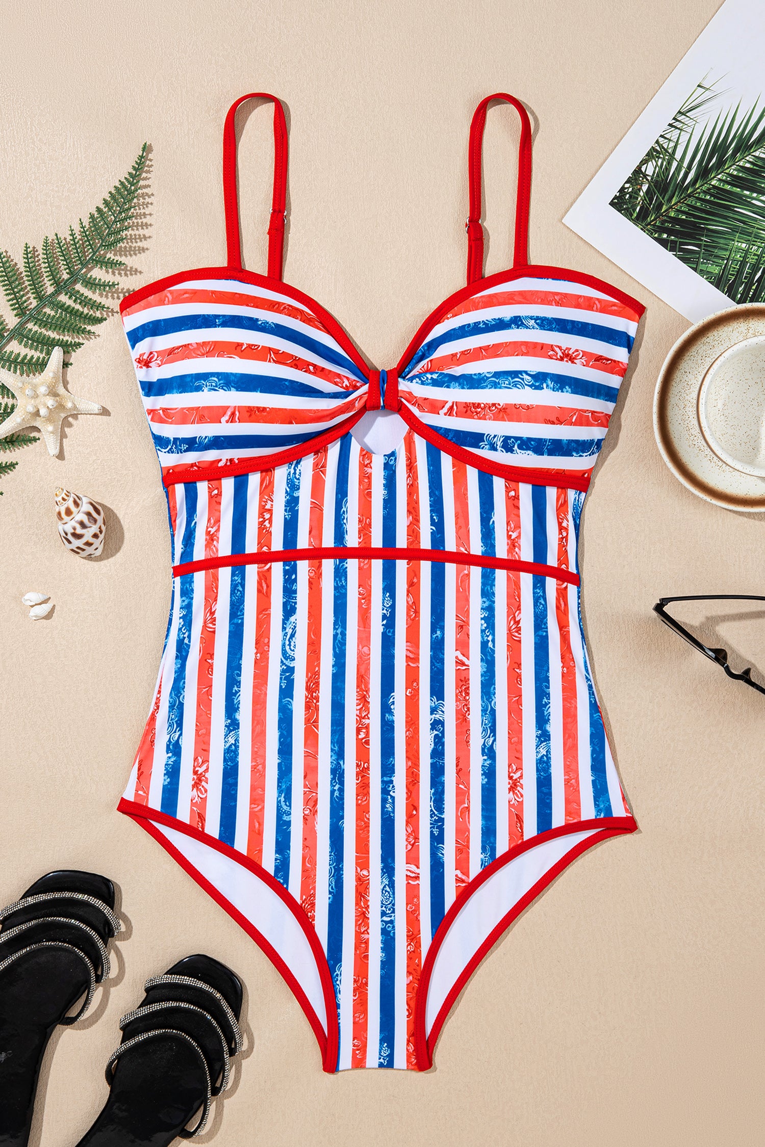 Cali Chic Women Swimsuit Stripes Star Floral Impression Cutout Spaghetti Straps One Piece Swimsuit - Cali Chic