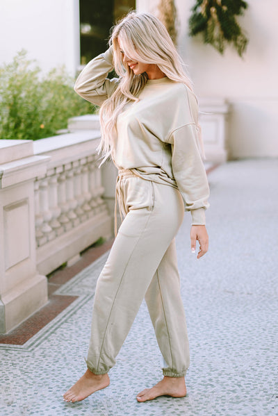 Cali Chic Beige Long Sleeve Top and Drawstring Pants Lounge Outfit