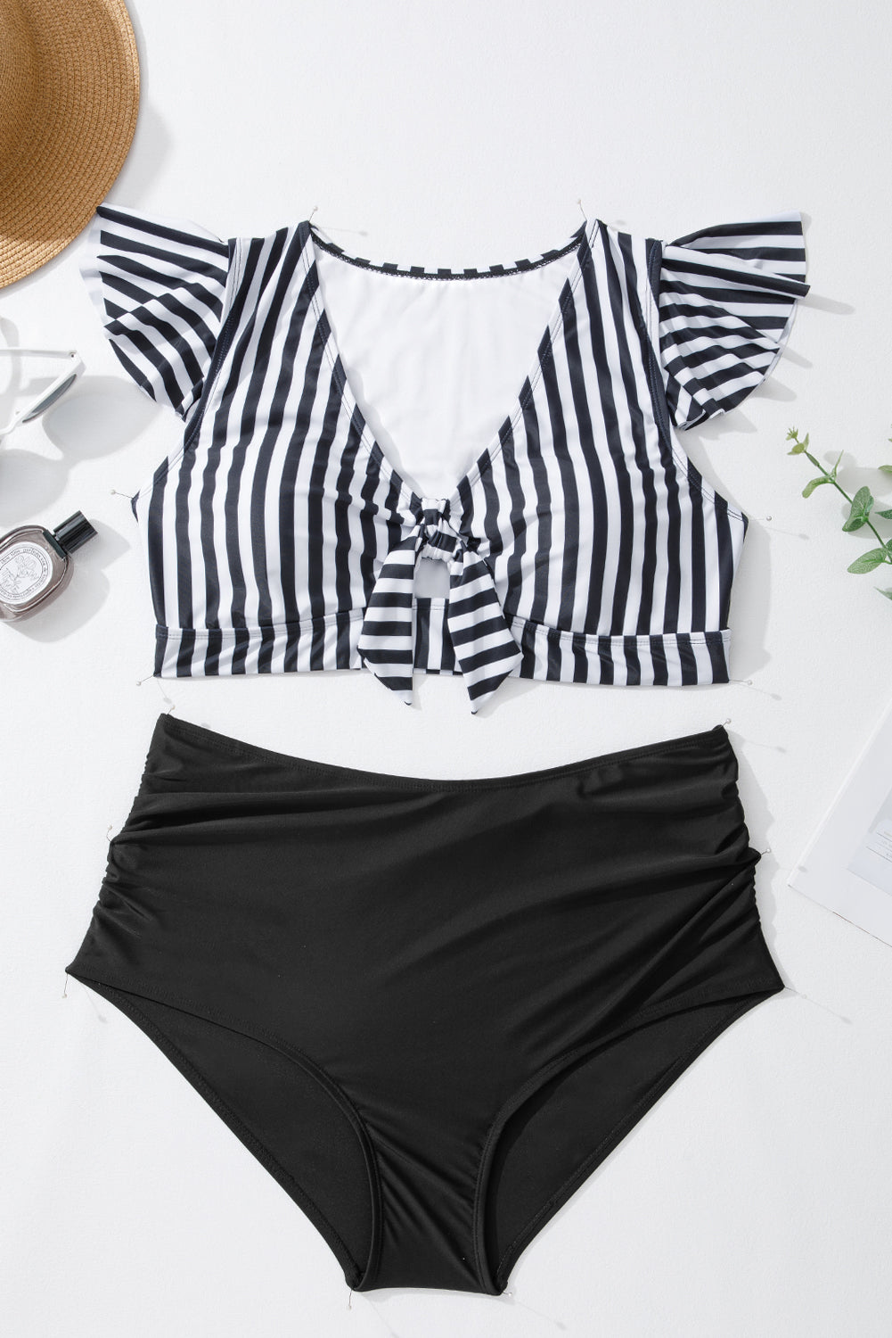 Cali Chic Women Swimsuit Black Stripe Plus Size Knot Cutout Ruffle Sleeve and High Waisted 2pcs Swimsuit