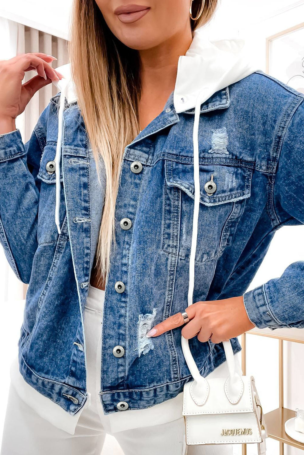 Cali Chic Sky Blue Distressed Contrast Hooded Denim Jacket with Pockets