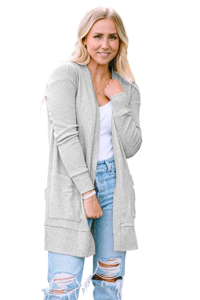 Cali Chic Women Cardigan Light Gray Thermal Waffle Knit Pocketed