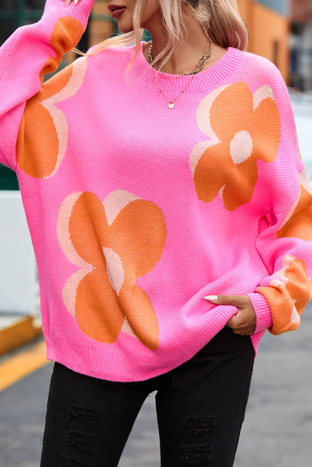 Cali Chic Women Flower Pattern Slouchy Sweater