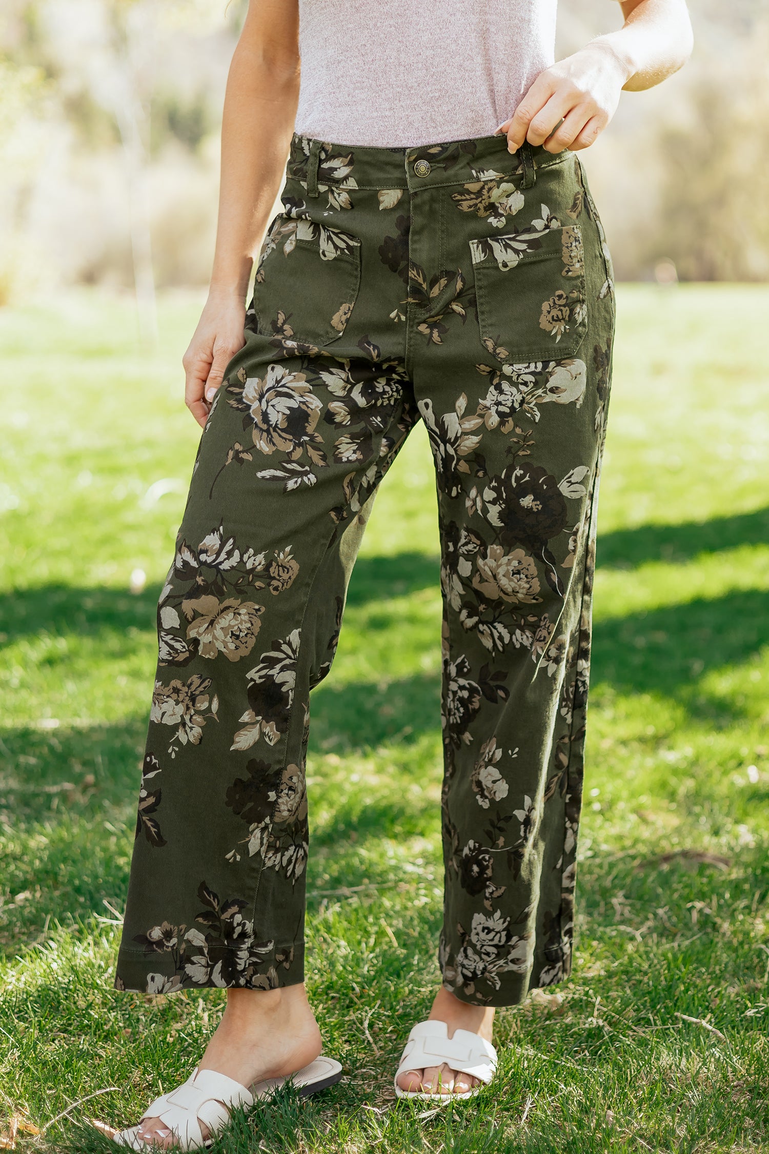Cali Chic women's green vintage floral print jeans with patch pockets and raw hem, casual shift style bottoms.