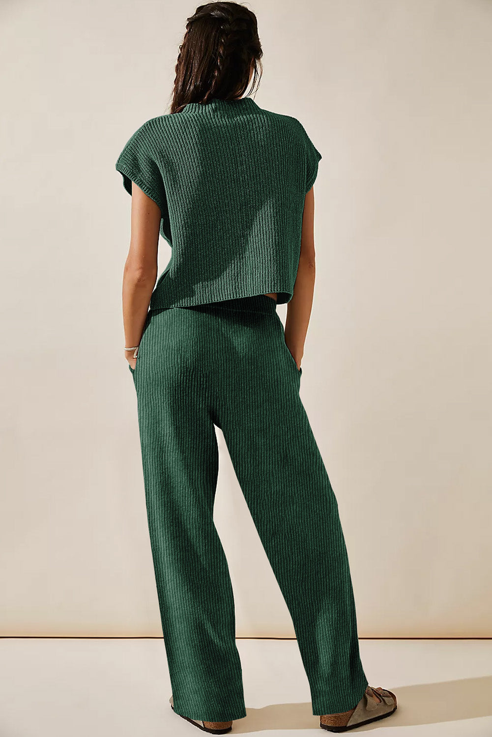 Green Knitted V Neck Sweater and Casual Pants Set