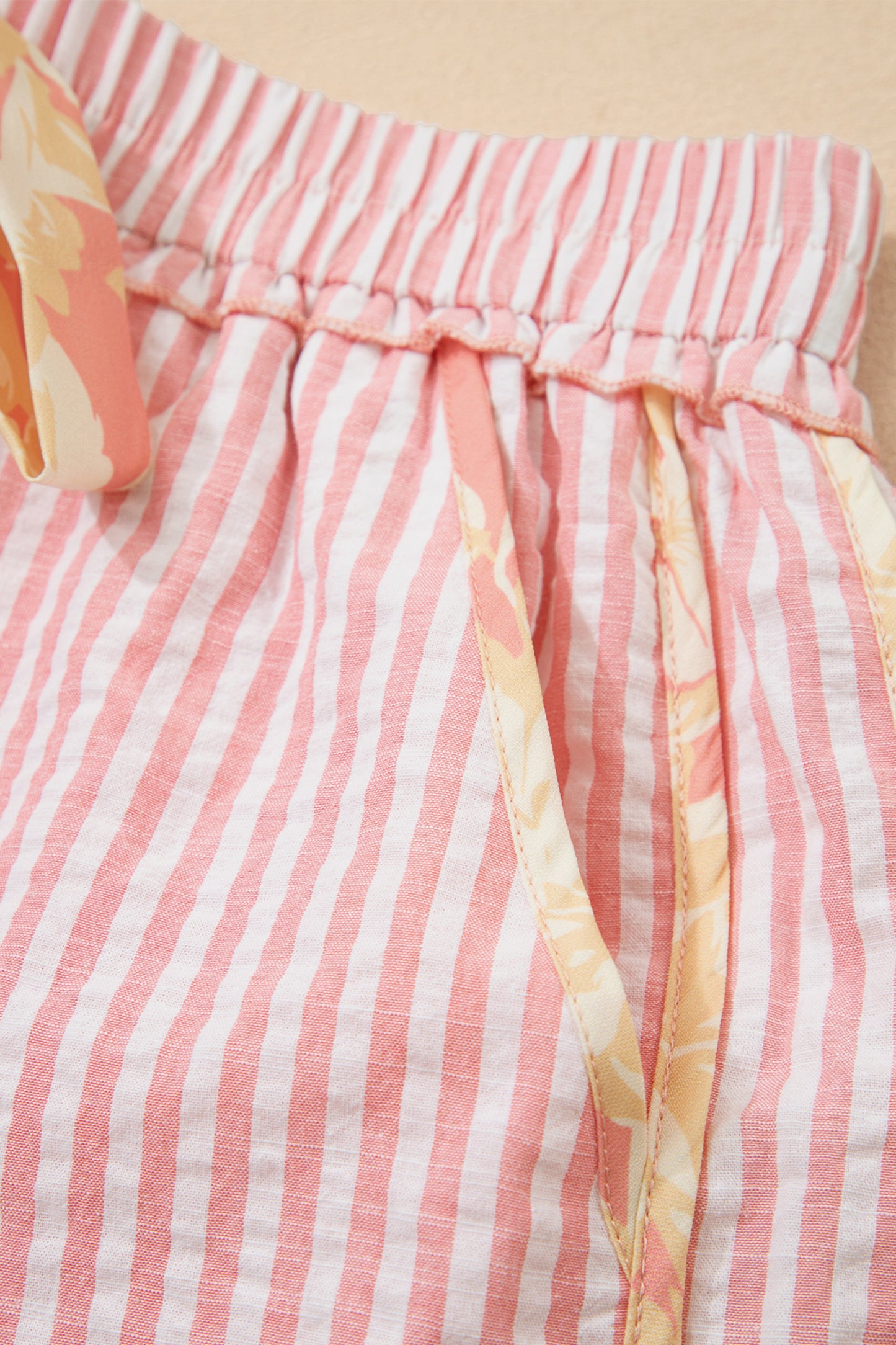 Cali Chic Women Short Light Pink Floral Trim Ribbon Knot Striped Casual Shorts - Cali Chic