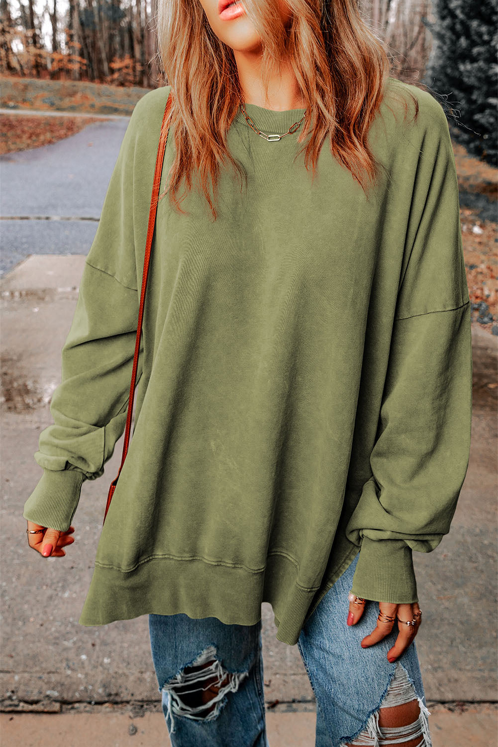 Cali Chic Women Green Drop Shoulder Ribbed Trim Oversized Sweatshirt