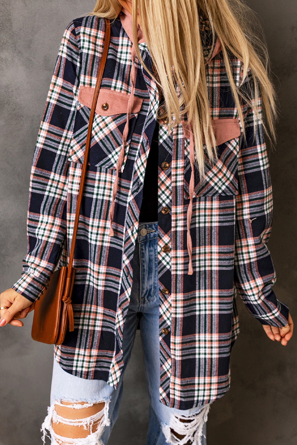 Cali Chic Pink Contrast Hooded Drawstring Plaid Shacket