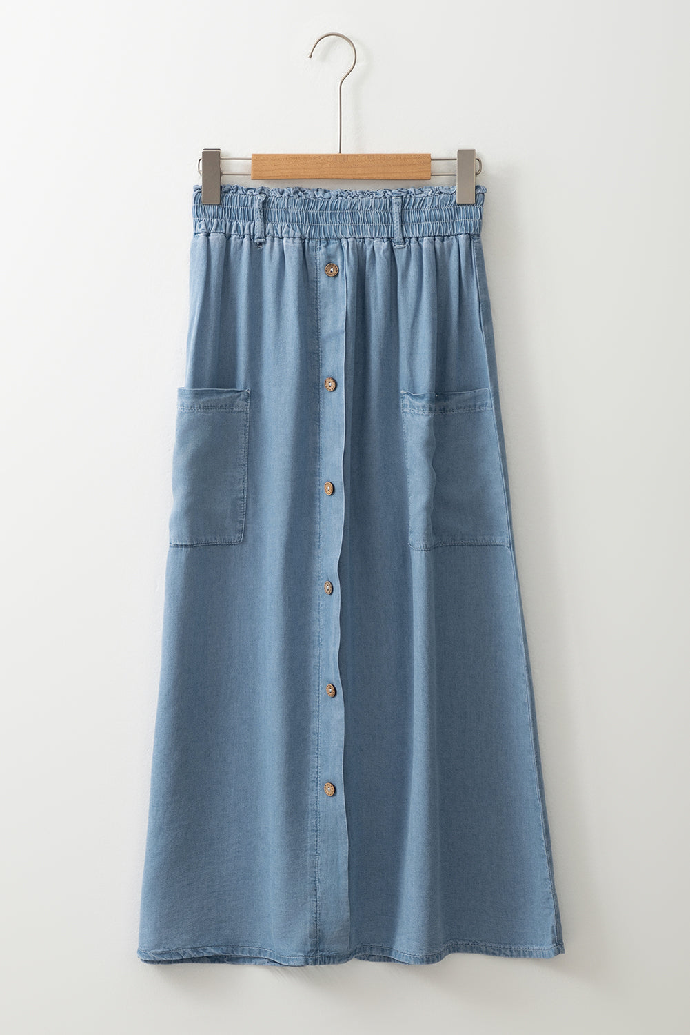 Cali Chic Women Dress Beau Blue Buttoned Front High Waist Side Pockets Denim Maxi Skirt - Cali Chic