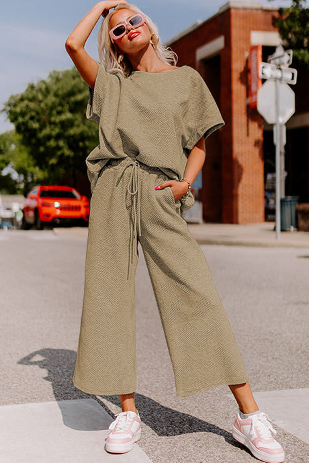 Cali Chic Apricot khaki Textured Loose Fit T Shirt and Drawstring Pants Set