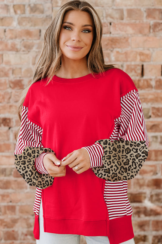 Cali Chic Women Sweatshirt Racing Red Striped Patchwork Sleeve Color Block - Cali Chic
