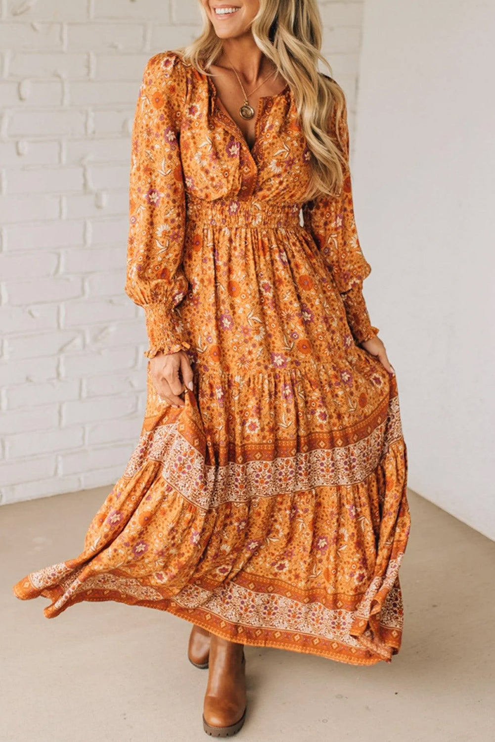 Cali Chic Women Dress Orange Floral Print Smocked Waist Long Sleeve Boho Maxi Dress - Cali Chic