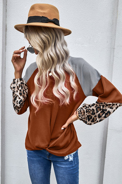 Cali Chic Juniors' Long Sleeve Tops Celebrity Leopard Waffle Knit Multicolor Blouse with Twist Knot