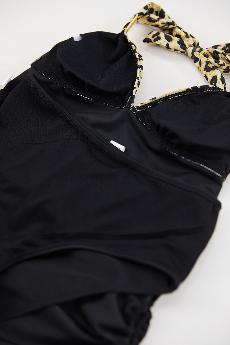 Cali Chic Women Swimwear Tankini Celebrity Leopard Print Spliced Halter Neck Drawstring High Waist Tankini Set