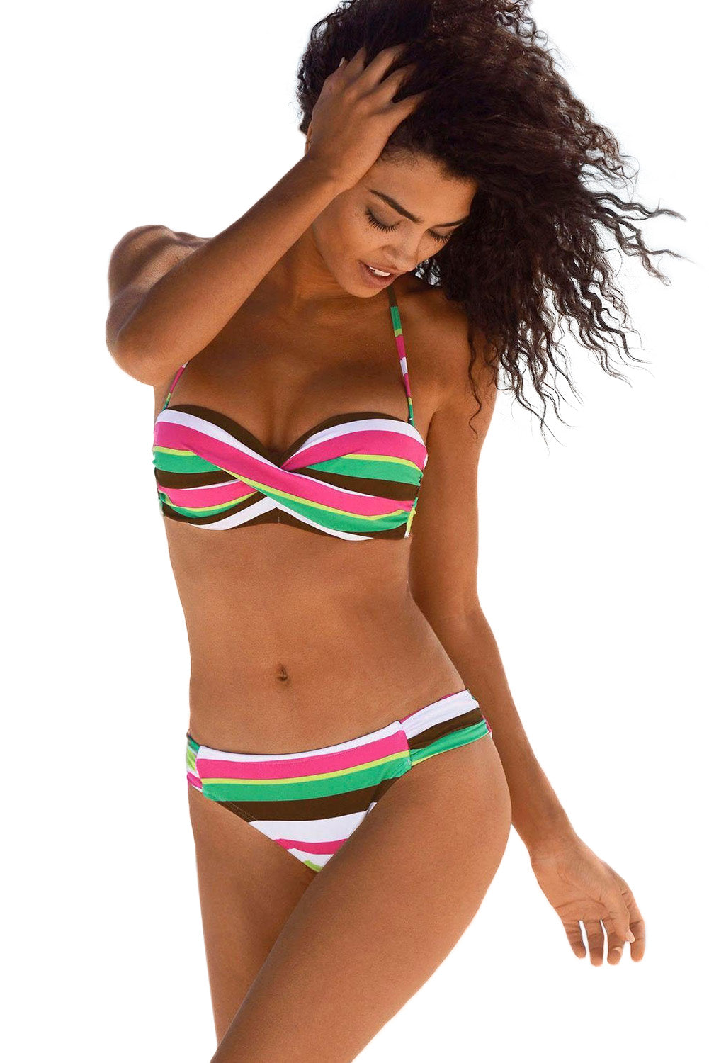 Cali Chic Women's Swimsuit Celebrity Green Boho Stripes Push up Bikini Set