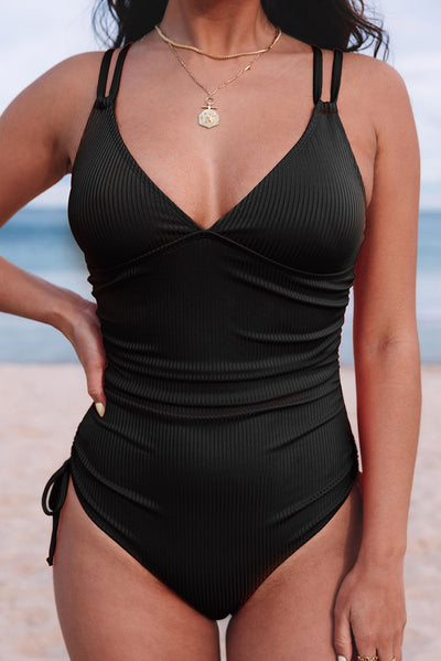 Cali Chic Women's Swimsuit Celebrity Black Adjustable Straps Ribbed Knit One Piece