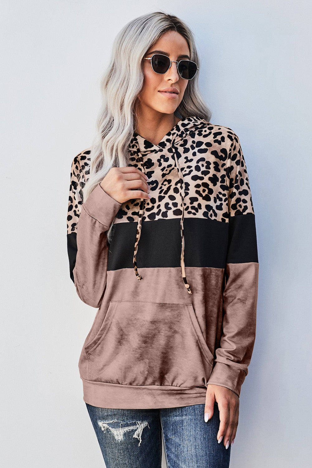 Cali Chic Juniors' Sweatshirt Hoodie Celebrity Brown Leopard Tie Dye Color Block