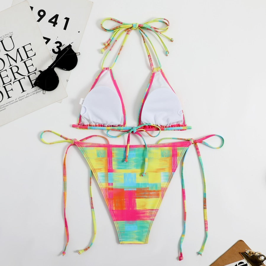 Cali Chic Women's Swimsuit Celebrity Multicolor Padded Halter Neck Triangle Tie Bikini Set