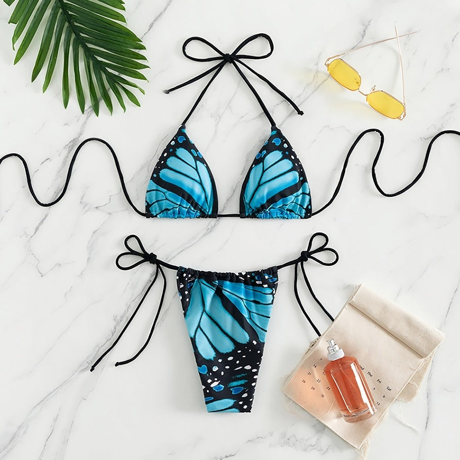 Cali Chic Women's Swimsuit Celebrity Multicolor Blue Butterfly Wing Padded Halter Tie Bikini Set