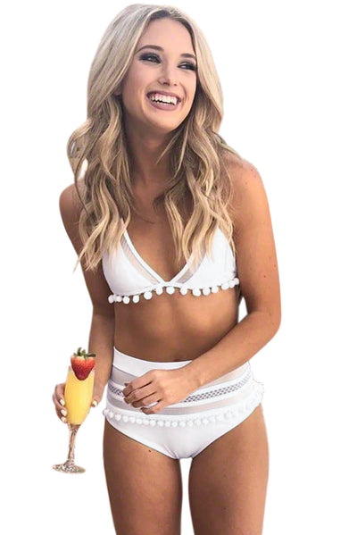 Women's Swimsuit Celebrity White Pom Pom Mesh Insert High Waist Bikini Juniors' Swimsuit Beachwear Two Piece