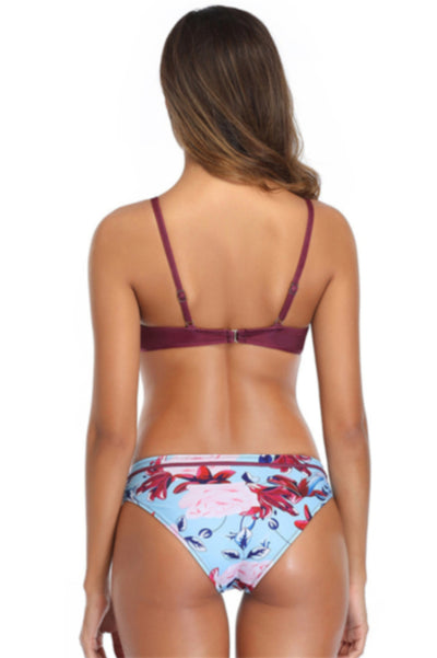 Cali Chic Women's Swimsuit Celebrity Burgundy Twisted Bust Floral Print Bottom Bikini Set