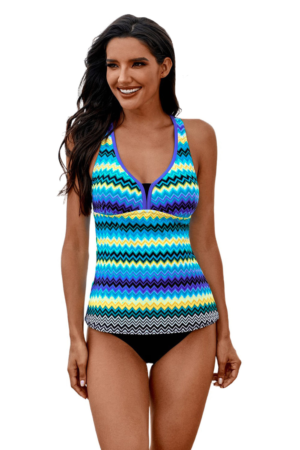 Cali Chic Women Swimwear Tankini Celebrity Blue Wave Stripe Racerback Tankini with Triangle Briefs