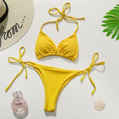 Cali Chic Women's Swimsuit Celebrity Classic Yellow Padded Halter Neck Tie Thong Bikini Set