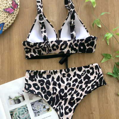 Cali Chic Women's Swimsuit Celebrity Leopard Black Spliced Push up Swimwear