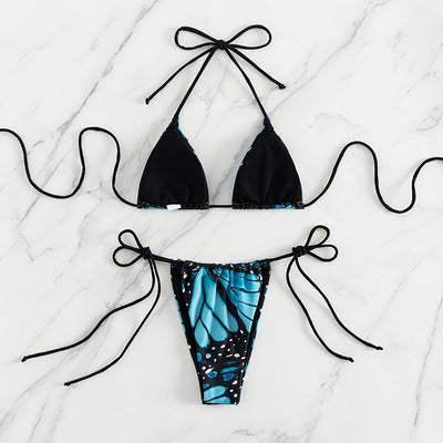 Cali Chic Women's Swimsuit Celebrity Multicolor Blue Butterfly Wing Padded Halter Tie Bikini Set