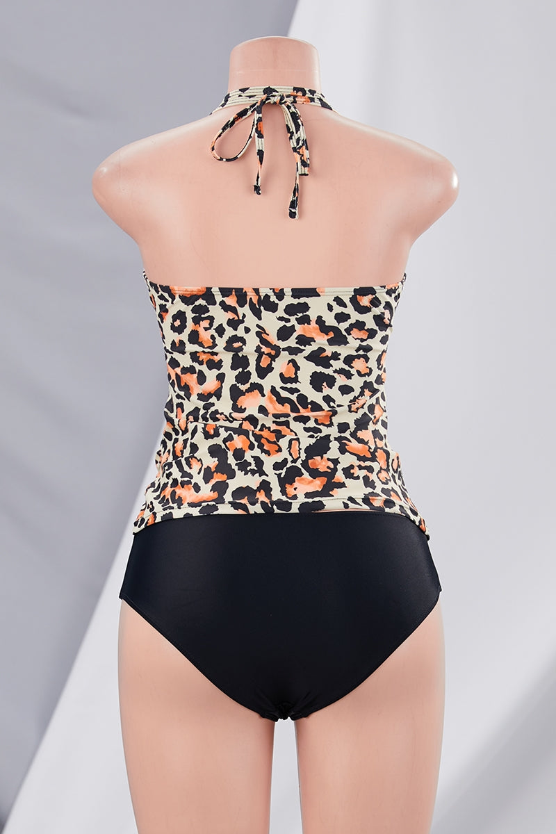 Cali Chic Women's Swimsuit Tankini Celebrity Leopard Print Padded Halter Neck Tankini Set