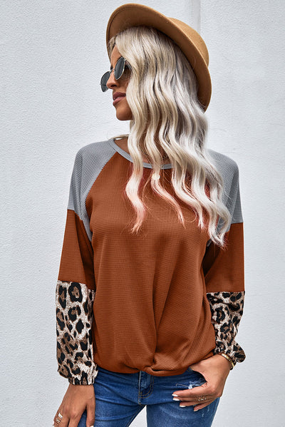 Cali Chic Juniors' Long Sleeve Tops Celebrity Leopard Waffle Knit Multicolor Blouse with Twist Knot