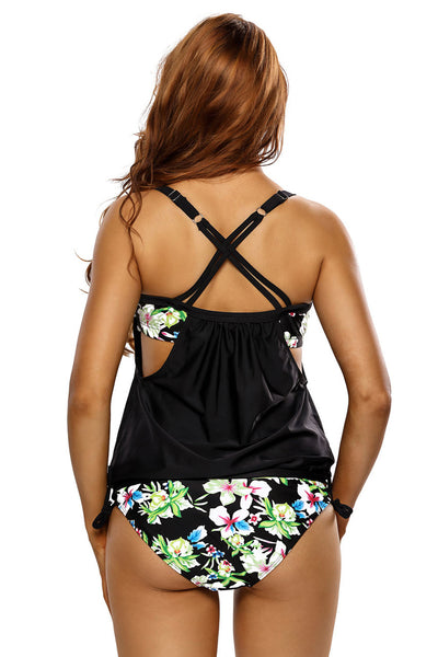 Cali Chic Women's Swimsuit Celebrity Black Layered-Style Floral Tankini Triangular Briefs